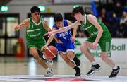3 March 2022; Kento O'Connor of St Joseph's in action against Shanay Shah, left, and Sean Brady of Coláiste Eanna during the Basketball Ireland U19A Boys Schools League Final match between Coláiste Eanna, Dublin and St. Joseph's, Galway at the National Basketball Arena in Dublin. Photo by Ben McShane/Sportsfile