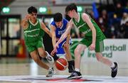 3 March 2022; Kento O'Connor of St Joseph's in action against Shanay Shah, left, and Sean Brady of Coláiste Eanna during the Basketball Ireland U19A Boys Schools League Final match between Coláiste Eanna, Dublin and St. Joseph's, Galway at the National Basketball Arena in Dublin. Photo by Ben McShane/Sportsfile