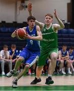3 March 2022; Rory O'Sullivan of St Joseph's in action against Neil Coughlan of Coláiste Eanna during the Basketball Ireland U19A Boys Schools League Final match between Coláiste Eanna, Dublin and St. Joseph's, Galway at the National Basketball Arena in Dublin. Photo by Ben McShane/Sportsfile
