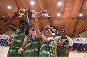 3 March 2022; Coláiste Eanna captain Shanay Shah celebrates with the cup with his teammates after the Basketball Ireland U19A Boys Schools League Final match between Coláiste Eanna, Dublin and St. Joseph's, Galway at the National Basketball Arena in Dublin. Photo by Ben McShane/Sportsfile