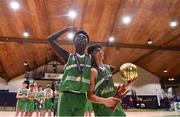 3 March 2022; Antwone Barnett of Coláiste Eanna celebrates with captain and MVP of the game Shanay Shah, right, after the Basketball Ireland U19A Boys Schools League Final match between Coláiste Eanna, Dublin and St. Joseph's, Galway at the National Basketball Arena in Dublin. Photo by Ben McShane/Sportsfile