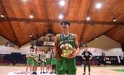 3 March 2022; Coláiste Eanna captain and MVP Shanay Shah makes a speech after his side's victory in the Basketball Ireland U19A Boys Schools League Final match between Coláiste Eanna, Dublin and St. Joseph's, Galway at the National Basketball Arena in Dublin. Photo by Ben McShane/Sportsfile