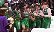 3 March 2022; Coláiste Eanna captain Shanay Shah celebrates with his teammates after being announced as the MVP after the Basketball Ireland U19A Boys Schools League Final match between Coláiste Eanna, Dublin and St. Joseph's, Galway at the National Basketball Arena in Dublin. Photo by Ben McShane/Sportsfile
