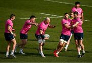 4 March 2022; Rhys Ruddock, centre, with teammates, from left, Jordan Larmour, Luke McGrath, Max Deegan, Dan Leavy, Ross Byrne and Thomas Clarkson during a Leinster Rugby captain's run at Stadio di Monigo in Treviso, Italy. Photo by Harry Murphy/Sportsfile