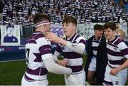 4 March 2022; Scott Hickey, left, and Fionn Kehoe of Clongowes Wood College celebrate after the Bank of Ireland Leinster Rugby Schools Junior Cup 1st Round match between Temple Carrig, Wicklow and Clongowes Wood College, Kildare at Energia Park in Dublin. Photo by Daire Brennan/Sportsfile