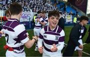 4 March 2022; Tom Groome of Clongowes Wood College celebrates after the Bank of Ireland Leinster Rugby Schools Junior Cup 1st Round match between Temple Carrig, Wicklow and Clongowes Wood College, Kildare at Energia Park in Dublin. Photo by Daire Brennan/Sportsfile