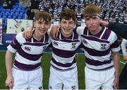 4 March 2022; Clongowes Wood College players, from left, Josh Williamson, Patrick Moloney, and Simon Kelly, celebrate after the Bank of Ireland Leinster Rugby Schools Junior Cup 1st Round match between Temple Carrig, Wicklow and Clongowes Wood College, Kildare at Energia Park in Dublin. Photo by Daire Brennan/Sportsfile