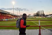 4 March 2022; James Akintunde of Derry City arrives toTolka Park before the SSE Airtricity League Premier Division match between Shelbourne and Derry City at Tolka Park in Dublin. Photo by Eóin Noonan/Sportsfile