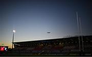 4 March 2022; A plane prepares to land at the nearby George Best Belfast City Airport before before the United Rugby Championship match between Ulster and Cardiff at Kingspan Stadium in Belfast. Photo by Ramsey Cardy/Sportsfile