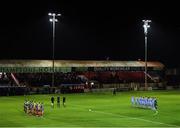 4 March 2022; Players from both sides observe a minutes silence for the lives lost in Ukraine before the SSE Airtricity League Premier Division match between Shelbourne and Derry City at Tolka Park in Dublin. Photo by Eóin Noonan/Sportsfile