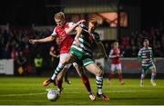 4 March 2022; Rory Gaffney of Shamrock Rovers in action against Tom Grivosti of St Patrick's Athletic during the SSE Airtricity League Premier Division match between St Patrick's Athletic and Shamrock Rovers at Richmond Park in Dublin. Photo by Stephen McCarthy/Sportsfile