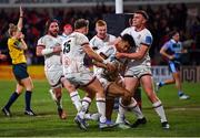4 March 2022; Robert Baloucoune of Ulster celebrates with teammates after scoring his side's first try during the United Rugby Championship match between Ulster and Cardiff at Kingspan Stadium in Belfast. Photo by Piaras Ó Mídheach/Sportsfile