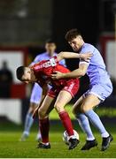 4 March 2022; Jack Moylan of Shelbourne in action against Cameron McJannet of Derry City during the SSE Airtricity League Premier Division match between Shelbourne and Derry City at Tolka Park in Dublin. Photo by Eóin Noonan/Sportsfile
