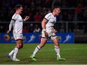 4 March 2022; James Hume of Ulster celebrates with teammate Billy Burns, left, after scoring his side's second try during the United Rugby Championship match between Ulster and Cardiff at Kingspan Stadium in Belfast. Photo by Piaras Ó Mídheach/Sportsfile