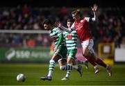 4 March 2022; Danny Mandroiu of Shamrock Rovers in action against Chris Forrester of St Patrick's Athletic during the SSE Airtricity League Premier Division match between St Patrick's Athletic and Shamrock Rovers at Richmond Park in Dublin. Photo by Stephen McCarthy/Sportsfile