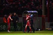 4 March 2022; Jack Moylan of Shelbourne leaves the pitch due to injury during the SSE Airtricity League Premier Division match between Shelbourne and Derry City at Tolka Park in Dublin. Photo by Eóin Noonan/Sportsfile