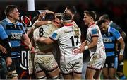 4 March 2022; Nick Timoney of Ulster, 8, celebrates with Ulster teammates after scoring his side's fourth trty during the United Rugby Championship match between Ulster and Cardiff at Kingspan Stadium in Belfast. Photo by Ramsey Cardy/Sportsfile