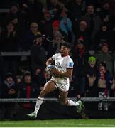 4 March 2022; Robert Baloucoune of Ulster on his way to scoring his side's fifth try during the United Rugby Championship match between Ulster and Cardiff at Kingspan Stadium in Belfast. Photo by Ramsey Cardy/Sportsfile