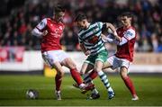4 March 2022; Ronan Finn of Shamrock Rovers in action against Anto Breslin and Chris Forrester, left, of St Patrick's Athletic during the SSE Airtricity League Premier Division match between St Patrick's Athletic and Shamrock Rovers at Richmond Park in Dublin. Photo by Stephen McCarthy/Sportsfile