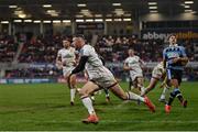4 March 2022; Aaron Sexton of Ulster on his way to scoring his side's sixth try during the United Rugby Championship match between Ulster and Cardiff at Kingspan Stadium in Belfast. Photo by Ramsey Cardy/Sportsfile