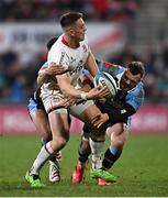 4 March 2022; James Hume of Ulster is tackled by Rey Lee-Lo, left, and Owen Lane of Cardiff during the United Rugby Championship match between Ulster and Cardiff at Kingspan Stadium in Belfast. Photo by Ramsey Cardy/Sportsfile