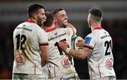 4 March 2022; Aaron Sexton of Ulster celebrates with Ulster teammates after scoring his side's sixth try during the United Rugby Championship match between Ulster and Cardiff at Kingspan Stadium in Belfast. Photo by Ramsey Cardy/Sportsfile