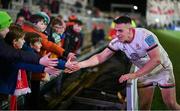 4 March 2022; James Hume of Ulster greets supporters after the United Rugby Championship match between Ulster and Cardiff at Kingspan Stadium in Belfast. Photo by Ramsey Cardy/Sportsfile