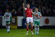 4 March 2022; Joe Redmond of St Patrick's Athletic celebrates at the final whistle after his side's victory in the SSE Airtricity League Premier Division match between St Patrick's Athletic and Shamrock Rovers at Richmond Park in Dublin. Photo by Seb Daly/Sportsfile