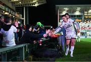4 March 2022; Billy Burns of Ulster greets supporters after the United Rugby Championship match between Ulster and Cardiff at Kingspan Stadium in Belfast. Photo by Ramsey Cardy/Sportsfile