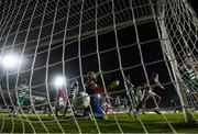 4 March 2022; Chris Forrester of St Patrick's Athletic runs away in celebration after heading his side's goal past Shamrock Rovers goalkeeer Alan Mannus during the SSE Airtricity League Premier Division match between St Patrick's Athletic and Shamrock Rovers at Richmond Park in Dublin. Photo by Stephen McCarthy/Sportsfile