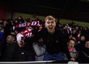 4 March 2022; A St Patrick's Athletic supporter celebrates after his side's victory in the SSE Airtricity League Premier Division match between St Patrick's Athletic and Shamrock Rovers at Richmond Park in Dublin. Photo by Seb Daly/Sportsfile