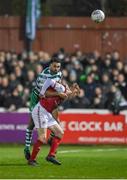 4 March 2022; Roberto Lopes of Shamrock Rovers in action against Eoin Doyle of St Patrick's Athletic during the SSE Airtricity League Premier Division match between St Patrick's Athletic and Shamrock Rovers at Richmond Park in Dublin. Photo by Seb Daly/Sportsfile