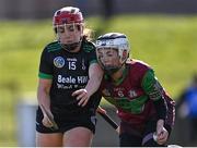 5 March 2022; Meabh Duffy of Eoghan Rua in action against Danielle O'Leary of Clanmaurice during the 2021 AIB Junior Club Camogie A Championship Final match between Clanmaurice, Kerry, and Eoghan Rua, Derry, at O'Raghallaigh's GAA club in Drogheda, Louth. Photo by Piaras Ó Mídheach/Sportsfile