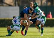 5 March 2022; Max Deegan of Leinster is tackled by Alessandro Garbisi and Rhyno Smith of Benetton during the United Rugby Championship match between Benetton and Leinster at Stadio di Monigo in Treviso, Italy. Photo by Harry Murphy/Sportsfile