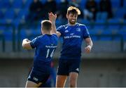 5 March 2022; Jordan Larmour of Leinster celebrates after scoring his side's third try with teammate Ross Byrne during the United Rugby Championship match between Benetton and Leinster at Stadio di Monigo in Treviso, Italy. Photo by Harry Murphy/Sportsfile