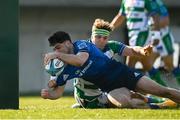 5 March 2022; Jimmy O'Brien of Leinster scores his side's seventh try despite the tackle of Lorenzo Cannone of Benetton  during the United Rugby Championship match between Benetton and Leinster at Stadio di Monigo in Treviso, Italy. Photo by Harry Murphy/Sportsfile