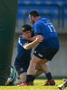 5 March 2022; Jimmy O'Brien of Leinster celebrates after scoring his side's seventh try with teammate Ed Byrne during the United Rugby Championship match between Benetton and Leinster at Stadio di Monigo in Treviso, Italy. Photo by Harry Murphy/Sportsfile