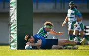 5 March 2022; Jimmy O'Brien of Leinster scores his side's seventh try despite the tackle of Lorenzo Cannone of Benetton  during the United Rugby Championship match between Benetton and Leinster at Stadio di Monigo in Treviso, Italy. Photo by Harry Murphy/Sportsfile