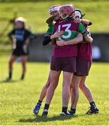5 March 2022; Eoghan Rua players celebrate after their victory in the 2021 AIB Junior Club Camogie A Championship Final match between Clanmaurice, Kerry, and Eoghan Rua, Derry, at O'Raghallaigh's GAA club in Drogheda, Louth. Photo by Piaras Ó Mídheach/Sportsfile