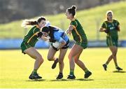 5 March 2022; Rachel Brennan of Dublin is tackled by Orla Byrne, left, and Máire O'Shaughnessy of Meath during the Lidl Ladies Football National League Division 1 match between Meath and Dublin at Páirc Táilteann in Navan, Meath. Photo by David Fitzgerald/Sportsfile