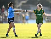 5 March 2022; Leah Caffrey of Dublin and Stacey Grimes of Meath fist bump before the Lidl Ladies Football National League Division 1 match between Meath and Dublin at Páirc Táilteann in Navan, Meath. Photo by David Fitzgerald/Sportsfile