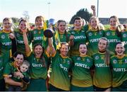 5 March 2022; Knockananna players celebrate with the cup after the 2021 AIB Junior Club Camogie B Championship Final match between Derrylaughan, Tyrone, and Knockananna, Wicklow, at O'Raghallaigh's GAA club in Drogheda, Louth. Photo by Piaras Ó Mídheach/Sportsfile