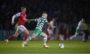 4 March 2022; Jack Byrne of Shamrock Rovers in action against Chris Forrester of St Patrick's Athletic during the SSE Airtricity League Premier Division match between St Patrick's Athletic and Shamrock Rovers at Richmond Park in Dublin. Photo by Stephen McCarthy/Sportsfile