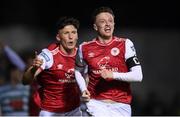4 March 2022; Chris Forrester of St Patrick's Athletic celebrates after scoring his side's first goal, with team-mate Joe Redmond, left, during the SSE Airtricity League Premier Division match between St Patrick's Athletic and Shamrock Rovers at Richmond Park in Dublin. Photo by Stephen McCarthy/Sportsfile