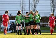 5 March 2022; Dora Gorman of Peamount United, centre, celebrates with teammates after scoring their side's first goal during the SSE Airtricity Women's National League match between Peamount United and Sligo Rovers at PRL Park in Greenogue, Dublin. Photo by Sam Barnes/Sportsfile