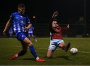 4 March 2022; Charlie Fleming of Treaty United in action against Jack Larkin of Cobh Ramblers during the SSE Airtricity League First Division match between Cobh Ramblers and Treaty United at St Colman's Park in Cobh, Cork. Photo by Michael P Ryan/Sportsfile