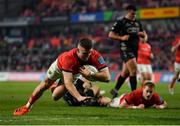 5 March 2022; Shane Daly of Munster scores his side's seventh try during the United Rugby Championship match between Munster and Dragons at Thomond Park in Limerick. Photo by Brendan Moran/Sportsfile