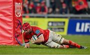 5 March 2022; John Hodnett of Munster scores his side's ninth try during the United Rugby Championship match between Munster and Dragons at Thomond Park in Limerick. Photo by Brendan Moran/Sportsfile