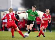 5 March 2022; Sadhbh Doyle of Peamount United in action against Ruth Monaghan, left, and Helen Monaghan of Sligo Rovers during the SSE Airtricity Women's National League match between Peamount United and Sligo Rovers at PRL Park in Greenogue, Dublin. Photo by Sam Barnes/Sportsfile