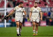 4 March 2022; Gareth Milasinovich, left, and Callum Reid of Ulster after the United Rugby Championship match between Ulster and Cardiff at Kingspan Stadium in Belfast. Photo by Ramsey Cardy/Sportsfile